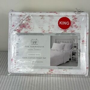Shabby Chic The Farmhouse Rachel Ashwell Floral Pink Cotton King Sheet Set NEW